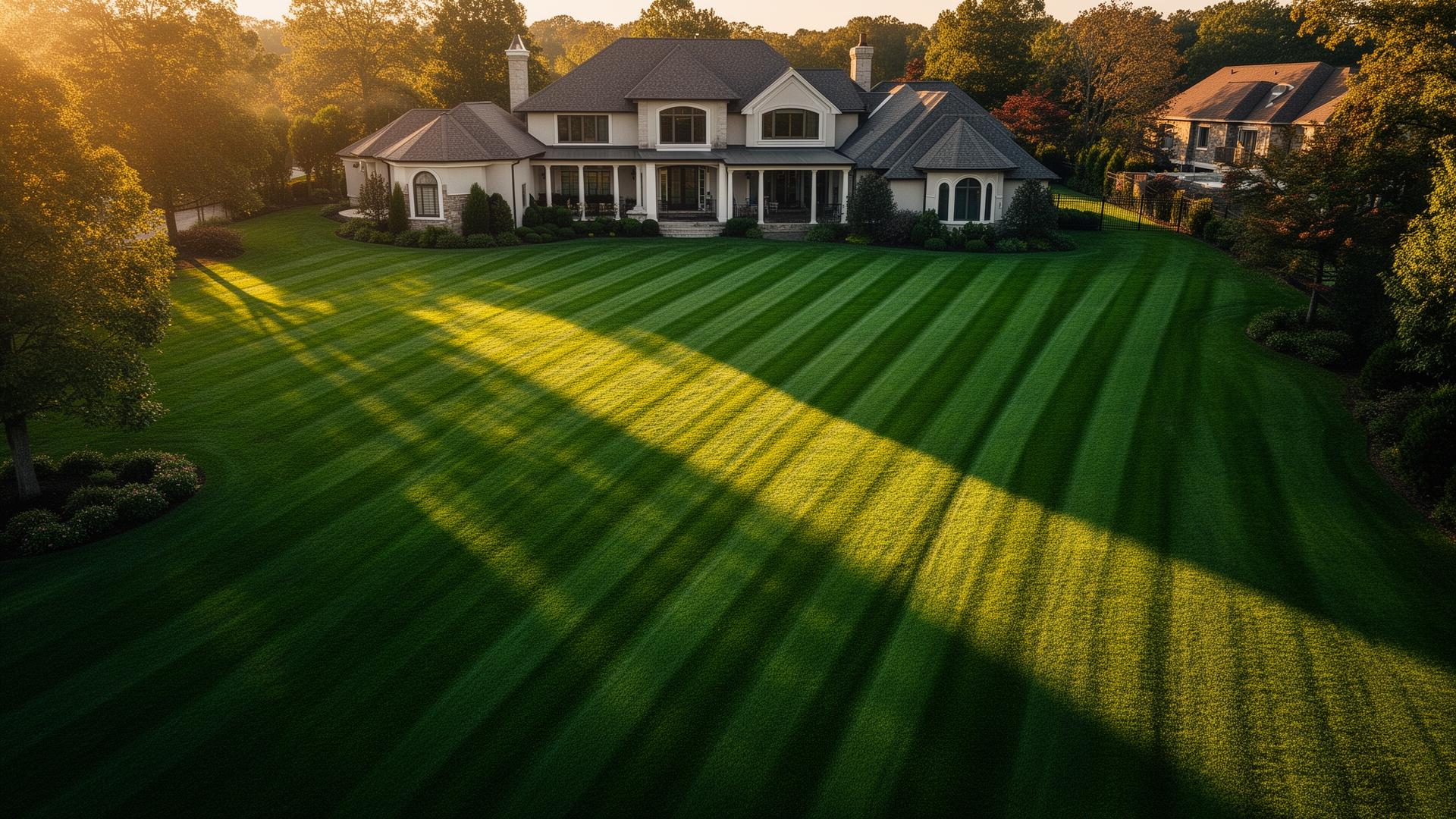 Pristine striped lawn at golden hour